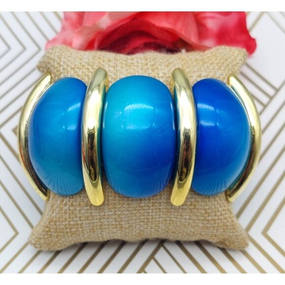 Lot of 3 Acrylic Statement Bracelets Stretch Wide Gold Tone Trim Blue Black Red - Picture 7 of 9